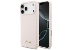 Étui Guess Silicone Script Metal Logo    MagSafe pour iPhone 17 Pro Max rose GUHMP17XSMBSLP
