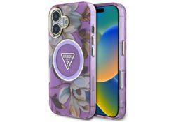 Étui Guess Glitter Flowers Triangle      Buttons MagSafe pour iPhone 16 violet GUHMP16SHFLPEDU