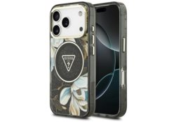 Étui Guess IML Glitter Flowers Triangle  MagSafe pour iPhone 17 Pro Max noir GUHMP17XHFLPEDK