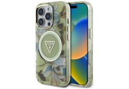 Étui Guess Glitter Flowers Triangle      Buttons MagSafe pour iPhone 16 Pro Max vert GUHMP16XHFLPEDN