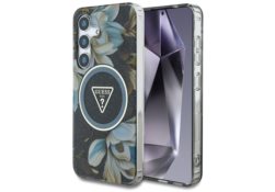 Étui Guess Glitter Flowers Triangle      Buttons MagSafe pour Samsung Galaxy S25 noir GUHMS25SHFLPEDK