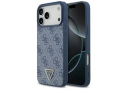 Étui Guess Leather 4G Triangle Strass    MagSafe pour iPhone 17 Pro Max bleu GUHMP17XP4TDPLB