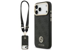 Étui Guess 4G Strass Logo & Big Strap    Metal Buttons MagSafe pour iPhone 17 Pro Max noir GUHMP17XP4G4DCSK
