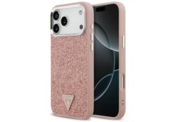 Étui Guess Glitter Triangle Logo MagSafe pour iPhone 17 Pro Max rose GUHMP17XPFGTSCMP
