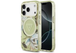 Étui Guess IML Glitter Flowers Triangle  MagSafe pour iPhone 17 Pro Max vert GUHMP17XHFLPEDN