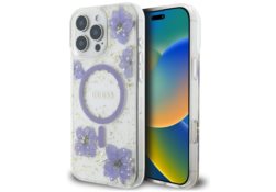 Étui Guess Resin Flowers MagSafe pour      iPhone 16 Pro violet GUHMP16LRBFGFGMU